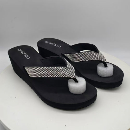 Women's Rhinestone Wedge Thong Sparkle Sandals Dressy Bling Platform Cute Flip Flops