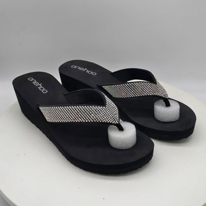 Women's Rhinestone Wedge Thong Sparkle Sandals Dressy Bling Platform Cute Flip Flops