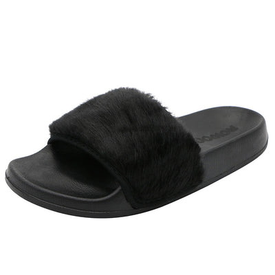 Women Slip on Faux Fur Trim Flat Slipper Open Toe Ladies Sandals