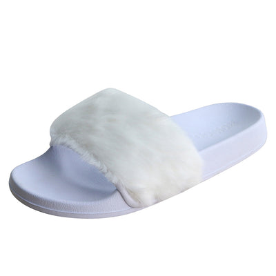 Women Slip on Faux Fur Trim Flat Slipper Open Toe Ladies Sandals